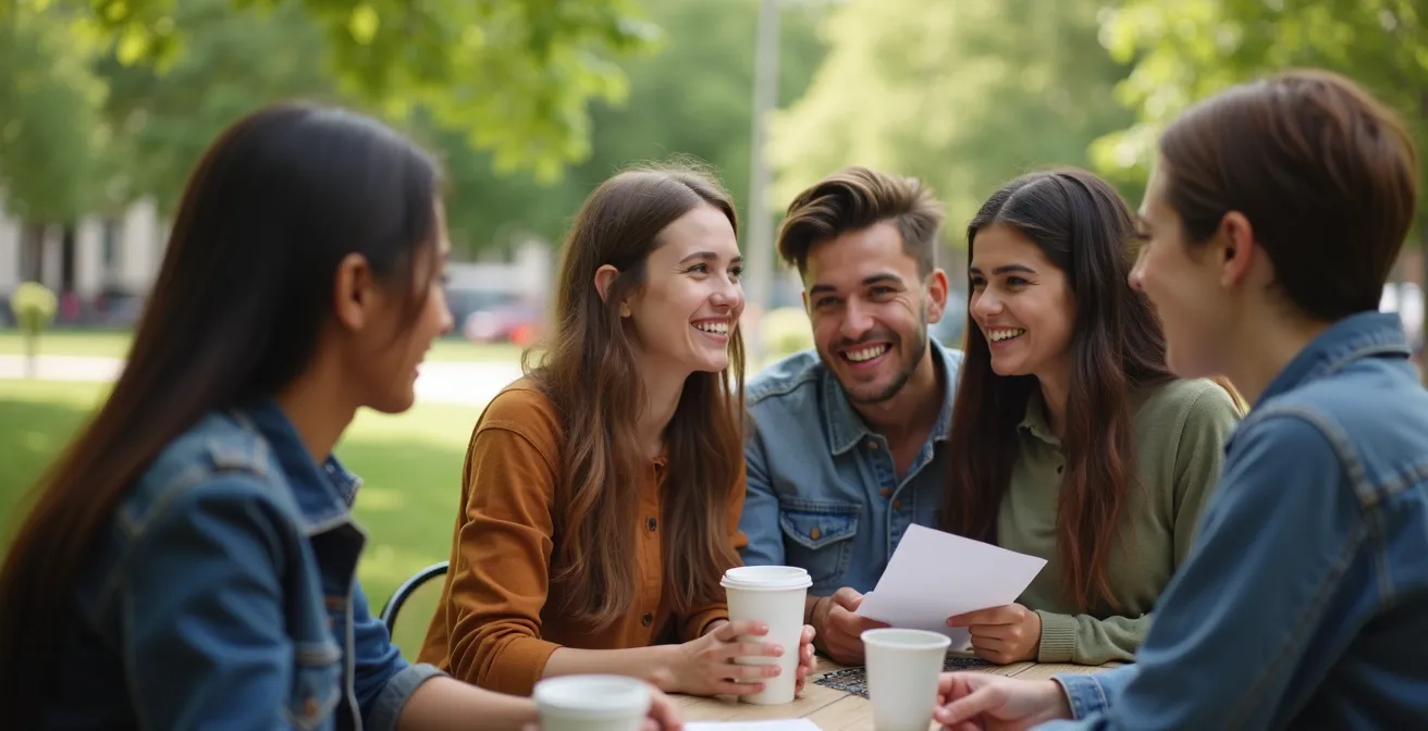 Groupe de personnes engagées dans un atelier linguistique en extérieur