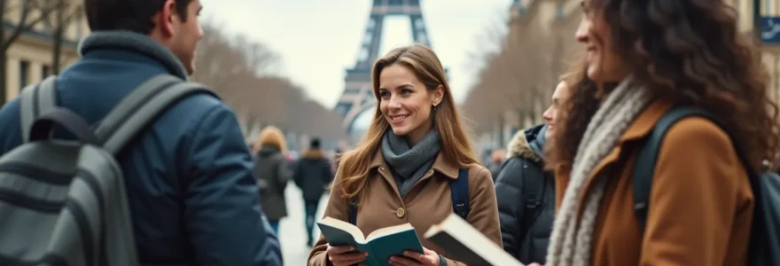 Vue symbolique d'une immersion linguistique à Paris avec des éléments culturels francophones