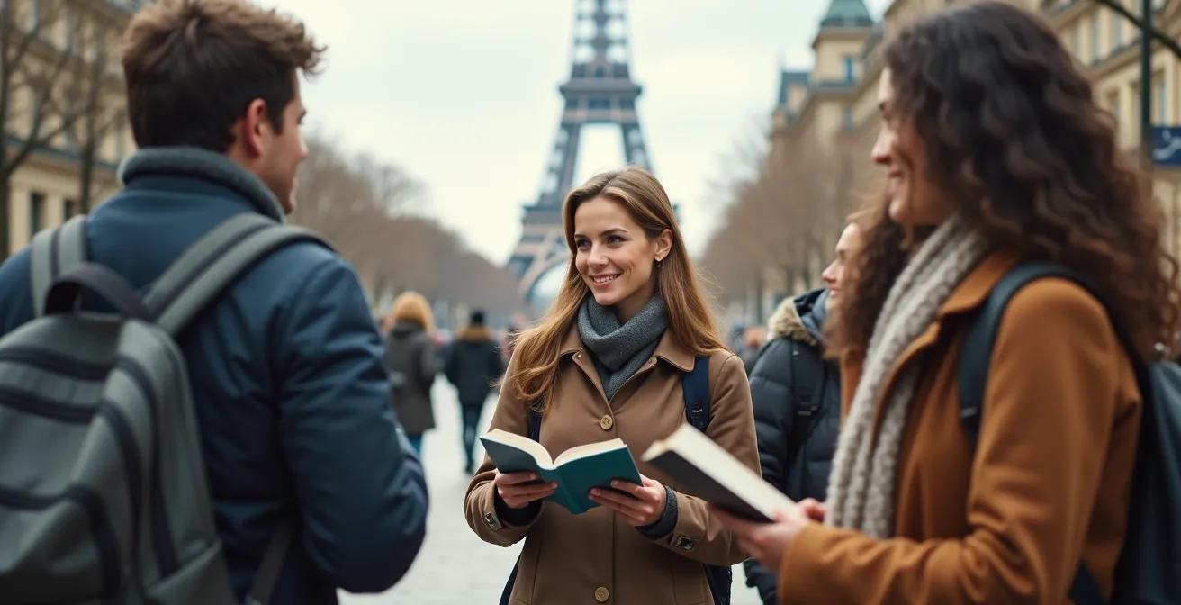 Vue symbolique d'une immersion linguistique à Paris avec des éléments culturels francophones