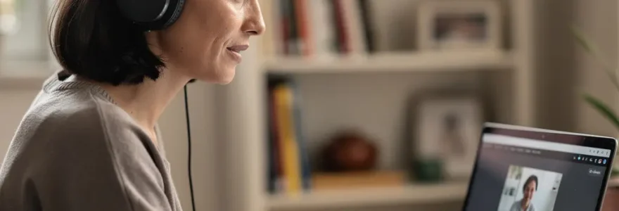 Professionnelle en visioconférence portant un casque audio, cours d'anglais à distance