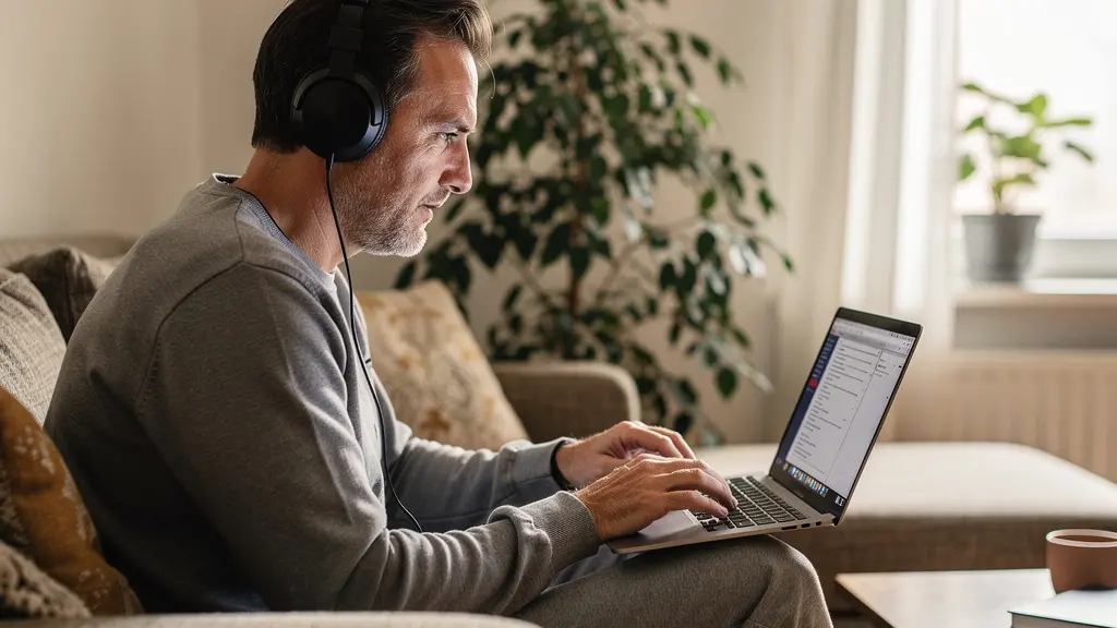 Adulte concentré sur un exercice d'anglais avec casque audio