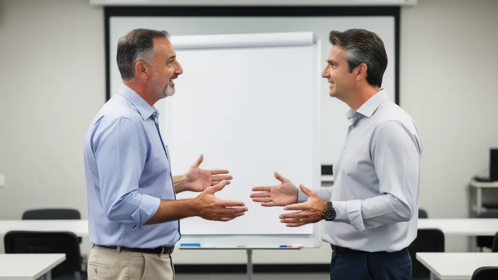 Deux adultes en discussion animée lors d'une formation d'anglais en salle