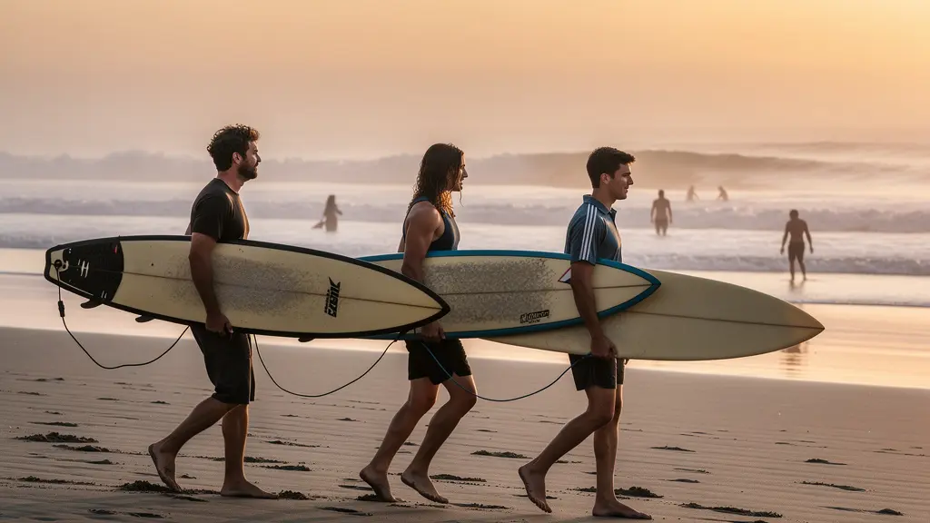 Surfeurs sur la plage de Pacific Beach à San Diego au coucher du soleil pour séjour linguistique