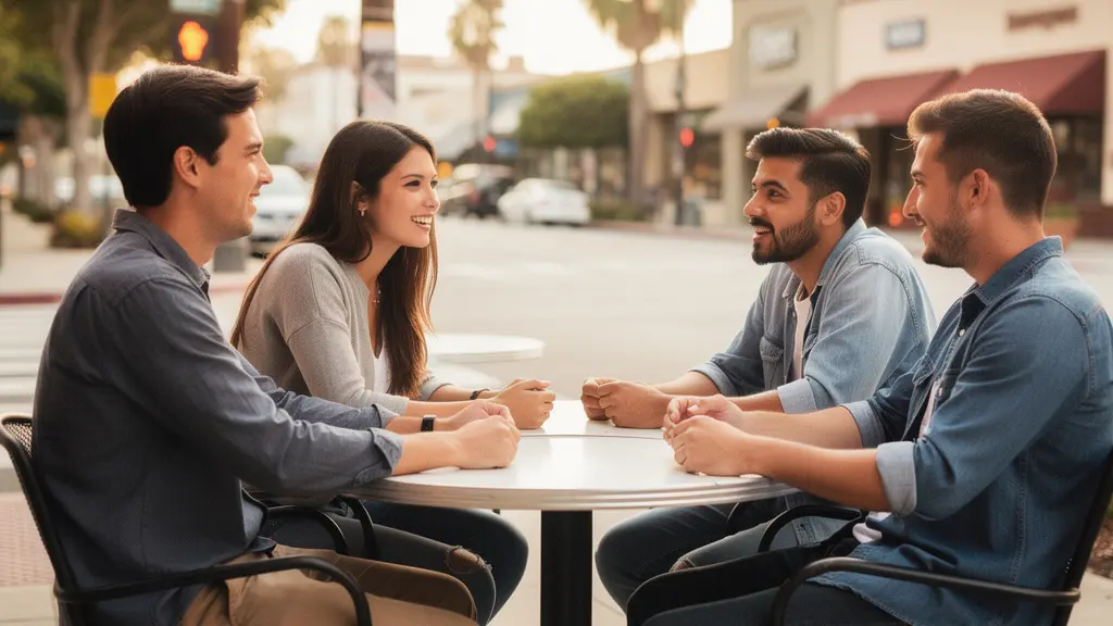 Étudiants internationaux discutant sur une terrasse de café à Garnet Avenue Pacific Beach