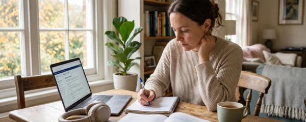 Une adulte prend des notes dans un carnet devant un livre et un ordinateur portable à la lumière naturelle de son domicile.