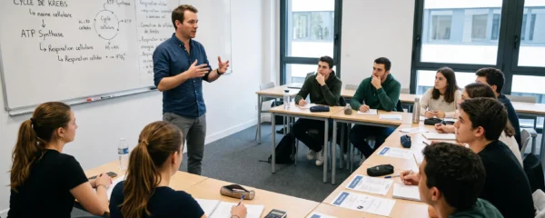 Enseignant donnant cours à un petit groupe d'étudiants dans une classe de prépa santé en France