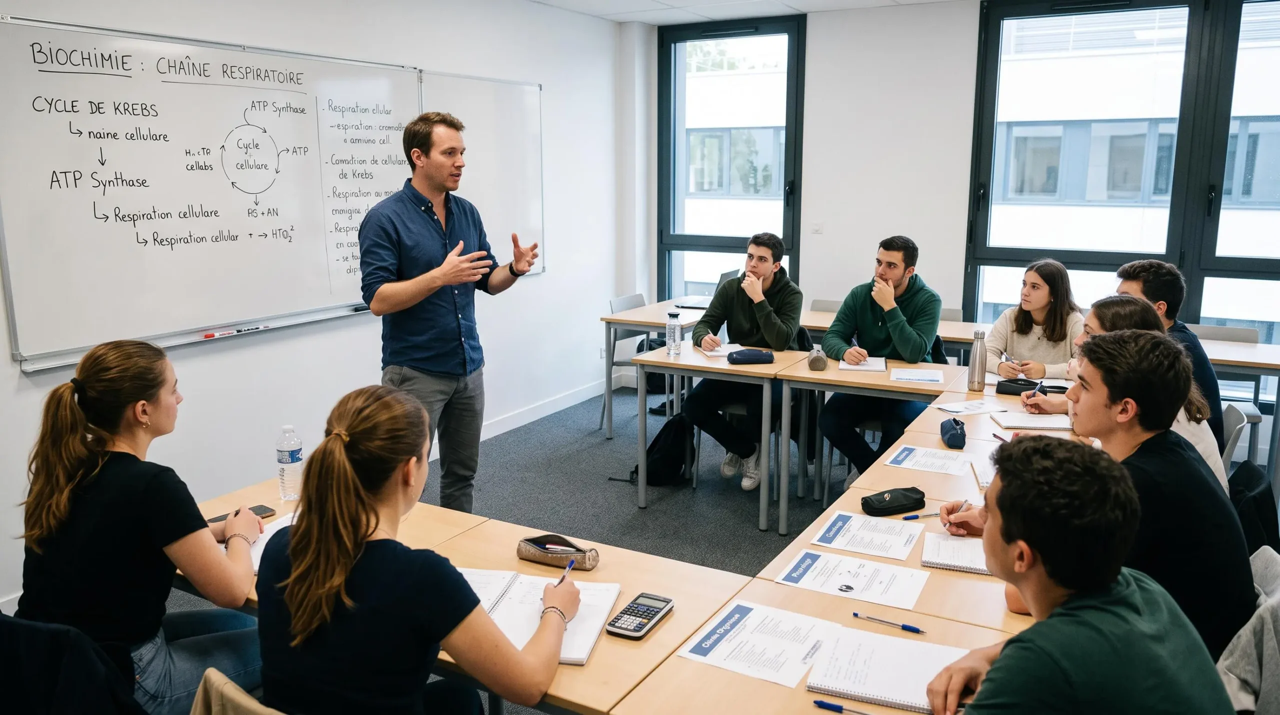 Enseignant donnant cours à un petit groupe d'étudiants dans une classe de prépa santé en France