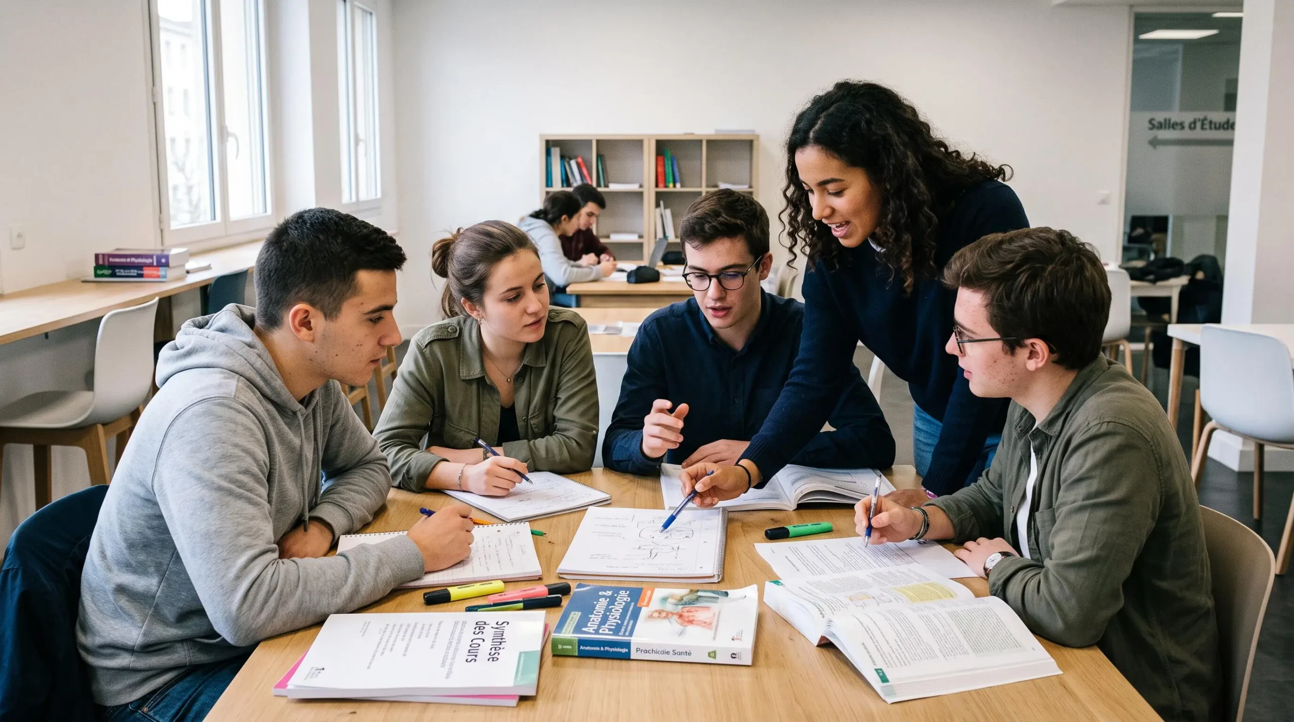 Petit groupe d'étudiants collaborant ensemble dans une salle de travail de prépa médicale