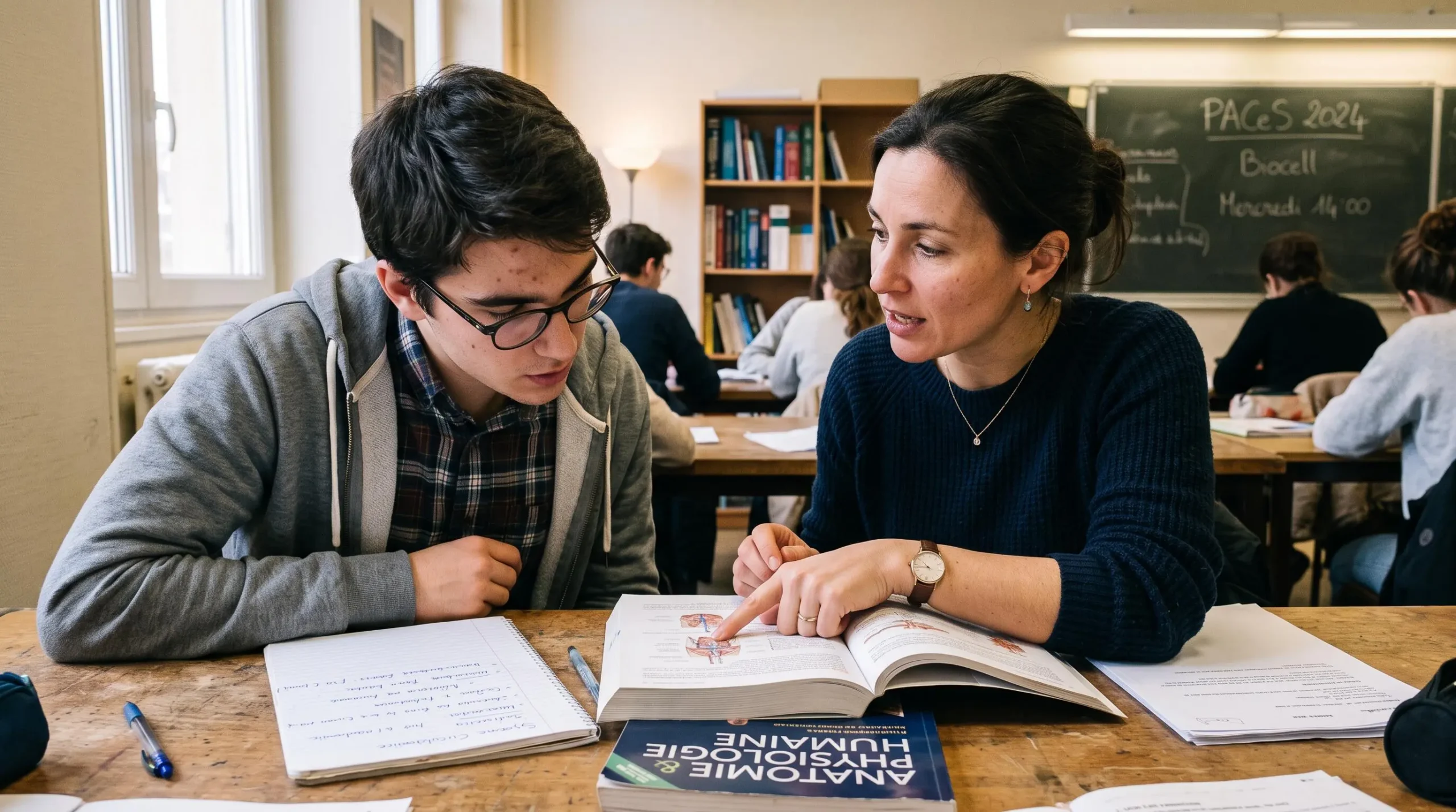 Enseignant dispensant un tutorat personnalisé à un étudiant dans une prépa médicale